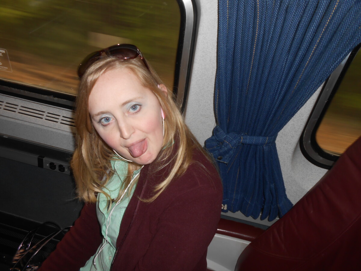 Christina being silly on the train.